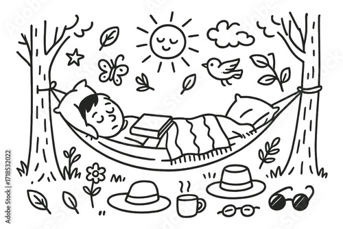Lazy Hammock Afternoon. Hand-drawn doodle illustration Hammock afternoon nap [hammock, pillow, blanket, book, hat, sunglasses, tree, sun, cloud,