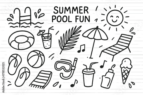 Summer Pool Essentials. Hand-drawn doodle illustration Summer pool fun pool ladder, float ring, beach ball, flip flops, cocktail, sun, palm leaf, towel,