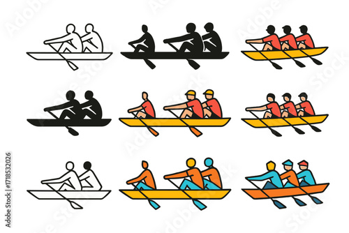 Rowing Team Logo Set. Set Logo of Athletes Warming Up: Rowing team warm-up. Logo set in vector style, emblematic variations. line, bold thick line, solid black
