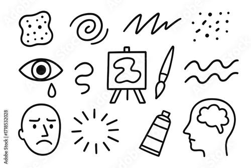 Abstract Doodle Icons. Hand-drawn doodle illustration Abstract art and mood reflection abstract shapes, swirl, sharp line, dots, eye, tear, paint brush,