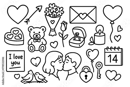 Valentine's Day Doodles. Hand-drawn doodle illustration Valentine?s Day celebration heart, cupid arrow, bouquet, love letter, box of chocolates, teddy bear,