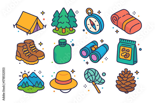 Summer Camp Icons. Colorful isometric vector icons set of summer campground fun: pitched tent, sleeping bag, forest trees, compass, hiking boots, water