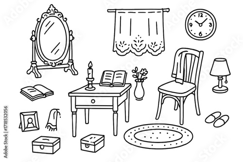 Vintage Mirror Doodle. Hand-drawn doodle illustration Vintage mirror setup [ornate mirror, lace curtain, candle stand, vintage chair, diary, flower vase, rug,