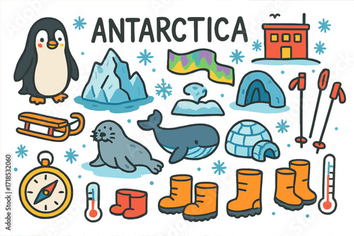 Antarctic Adventure Doodles. Antarctica. Colorful Hand-drawn doodle Children illustration Antarctica penguin, iceberg, polar station, snowflake, ice cave,
