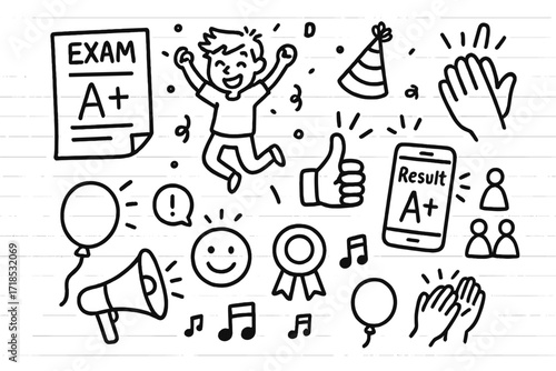 Exam Celebration Icons. Hand-drawn doodle illustration exam results celebration test paper, jumping student, confetti, party hat, thumbs up, high-five, phone