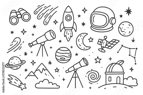 Celestial Exploration Doodles. Hand-drawn doodle illustration meteor shower exploration telescope, binoculars, rocket, astronaut helmet, satellite, stars,