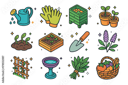 Therapeutic Gardening Icons. Colorful isometric vector icons set of therapeutic gardening: watering can, garden gloves, compost bin, plant pots, sprouting