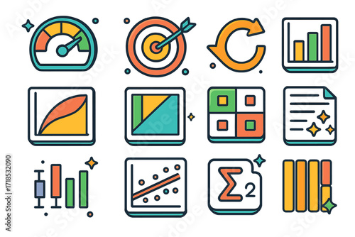 Colorful Evaluation Metrics Icons. Colorful isometric vector icons set of Evaluation metrics for models: accuracy gauge, precision icon, recall arrow, F1-score