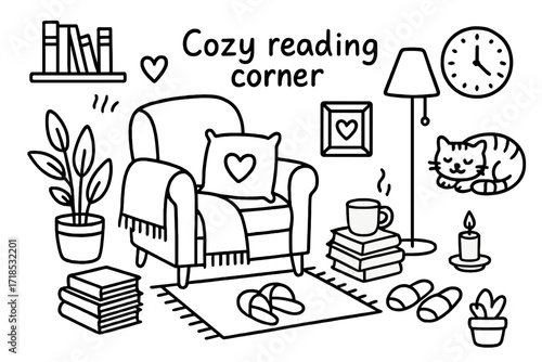 Cozy Reading Nook Illustration. Hand-drawn doodle illustration Cozy reading corner [armchair, blanket, heart, bookshelf, stack of books, lamp, mug, rug,