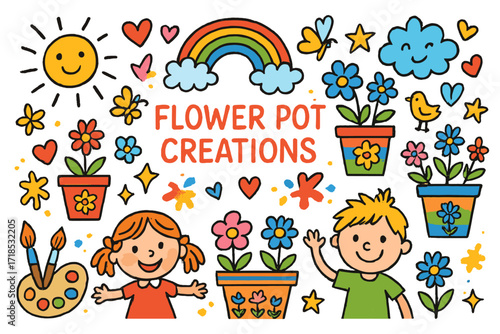 Children's Colorful Pot Creations. Colorful Hand-drawn doodle Children illustration Flower Pot Creations painted pots, rainbow, smiling children, paint