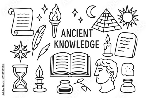 Ancient Wisdom Icons. Hand-drawn doodle illustration Ancient knowledge [scroll, torch, pyramid, book, quill, feather, stars, moon, compass, hourglass, candle,