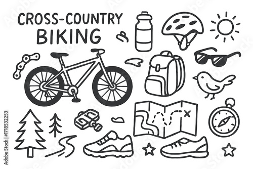 Cross-Country Biking Icons. Hand-drawn doodle illustration Cross-country biking mountain bike, water bottle, helmet, sunglasses, backpack, chain, pedal, map,