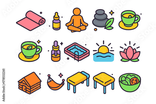 Wellness Icon Set. Wellness retreat. Colorful isometric vector icons set of wellness retreat: yoga mat, meditation pose, spa stones, herbal tea cup, essential