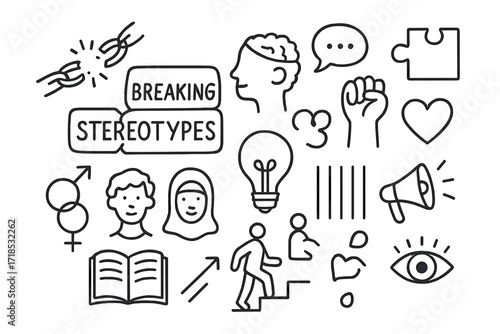 Breaking Stereotypes Doodle. Hand-drawn doodle illustration Breaking stereotypes [broken chain, cracked label, open mind, speech bubble, puzzle piece, heart,