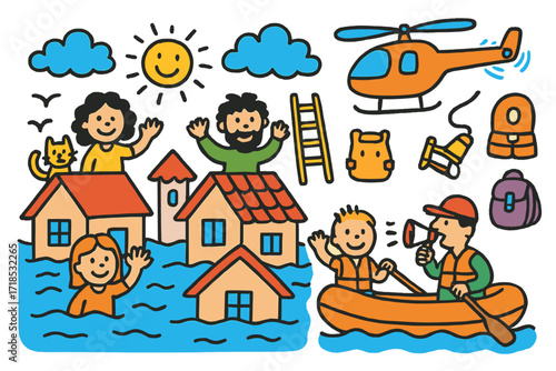 Rescue Amidst Flood. Colorful Hand-drawn doodle Children illustration People stranded on rooftops houses with water, rooftops, waving people, rescue boat,