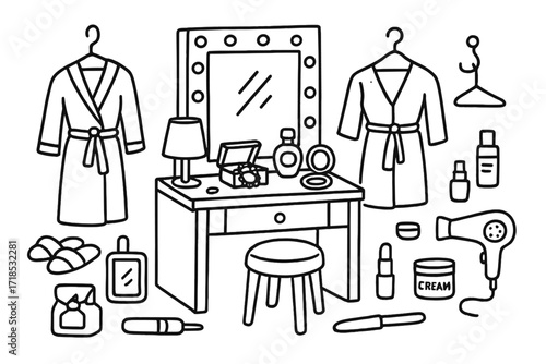 Vanity Essentials Doodle. Hand-drawn doodle illustration [dressing room corner] [vanity mirror, stool, clothes hanger, perfume, jewelry box, hair dryer,