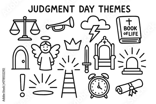 Judgment Day Icons. Hand-drawn doodle illustration [Judgment Day Themes] balance scale, trumpet, cloud, lightning bolt, book of life, angel, crown, sword,