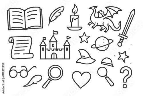 Fantasy Icon Doodles. Hand-drawn doodle illustration book genres open book, quill, candle, scroll, glasses, star, castle, dragon, sword, planet, rocket, heart,