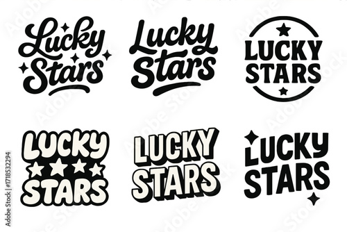 Lucky Stars Lettering. Lucky Stars. Set lettering. harmonious lettering variations of the same emblematic concept (Whimsical curly type with flourishes, Bold