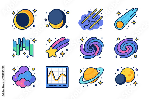 Astronomical Icon Set. Colorful isometric vector icons set of astronomical phenomena: solar eclipse, lunar eclipse, meteor shower, comet tail, aurora lights,