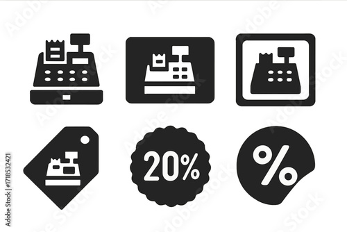 Cash Register Icons. Solid, filled icon set of cash register commercial branding: logo design, promotional flyer, brand badge, marketing poster, neon sign,