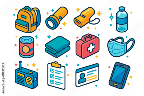 Evacuation Essentials Icons. Colorful isometric vector icons set of civilian evacuation essentials: emergency backpack, flashlight, whistle, bottled water,