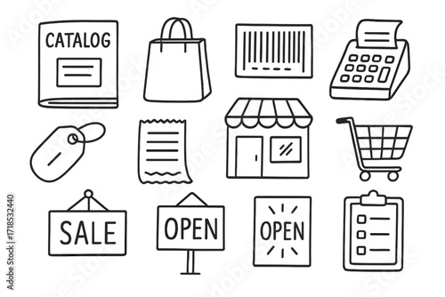 Retail Doodle Icons. Retail. Hand-drawn doodle illustration catalog, shopping bag, barcode, cash register, price tag, receipt, store building, cart,