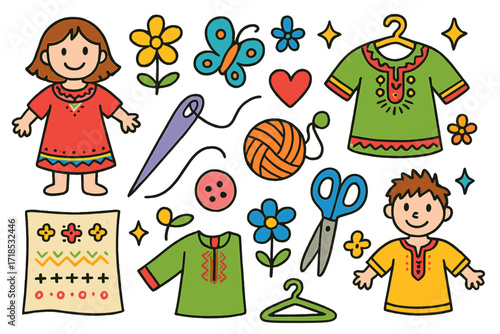 Colorful Handmade Clothing Doodles. Colorful Hand-drawn doodle Children illustration Traditional Handmade Clothing dress, tunic, embroidery, needle, thread,