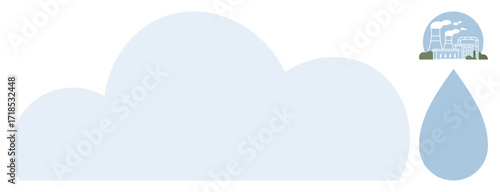 Large cloud formation paired with droplet containing industrial buildings and emissions. Highlights environmental concerns. Ideal for pollution, climate change, water cycle, conservation, industrial