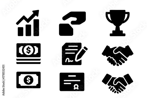Exit Strategy Icons. Solid, filled icon set of exit strategies: IPO, acquisition, merger, cashout, contract, stock certificate, trophy, handshake. Solid,