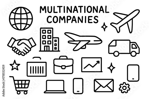 Global Business Doodle. Hand-drawn doodle illustration Multinational Companies [globe, office building, airplane, delivery truck, handshake, briefcase,