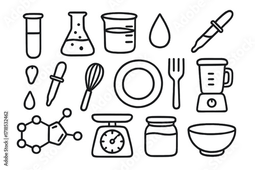 Gastronomy Lab Doodle. Hand-drawn doodle illustration Gastronomy lab test tube, flask, beaker, droplet, pipette, whisk, spoon, fork, plate, thermometer,