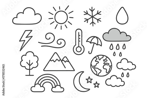 Weather Doodle Icons. Hand-drawn doodle illustration [Northern Hemisphere weather] [cloud, sun, snowflake, rain drop, lightning, wind swirl, thermometer,