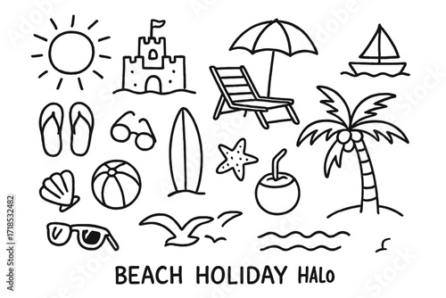 Beach Holiday Doodle. Hand-drawn doodle illustration beach holiday sun, sandcastle, umbrella, beach chair, flip flops, shell, starfish, surfboard, ball,