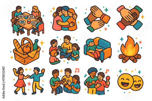Togetherness Icons Set. Togetherness. Colorful isometric vector icons set of Togetherness: family dinner, group hug, teamwork hands, shared meal, storytelling,