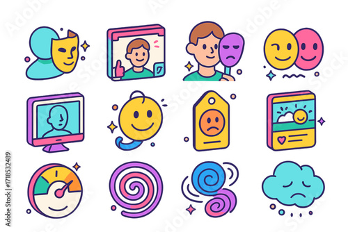 Isometric Online Identity Icons. Colorful isometric vector icons set of Online identity and mental stress: profile mask, curated avatar, hidden emotions icon,