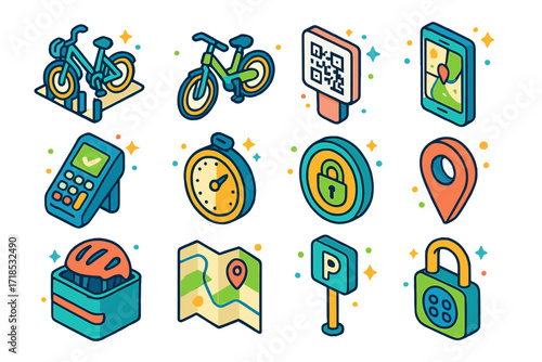 Rental Bike Icons. Colorful isometric vector icons set of rental bikes and sharing stations: bike dock, e-bike, QR code scanner, bike app screen, payment