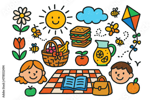 Spring Picnic Doodle. Colorful Hand-drawn doodle Children illustration Spring picnic daisy, tulip, sun, cloud, sandwiches, fruit basket, lemonade, blanket,