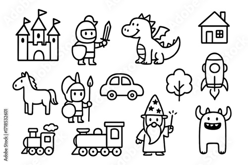 Miniature Doodle Icons. Miniatures. Hand-drawn doodle illustration miniatures castle, knight, dragon, horse, house, soldier, car, train, tree, robot,