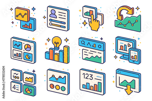 Business Dashboard Icons. Colorful isometric vector icons set of Business intelligence dashboards: live data tiles, user filters panel, drag-and-drop widget,
