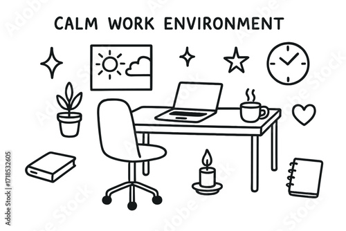 Calm Doodle Workspace. Hand-drawn doodle illustration Calm Work Environment [desk, chair, laptop, plant, window, sun, cloud, sparkle, star, candle, book,