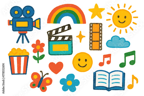 Colorful Cartoon Doodle Icons. Colorful Hand-drawn doodle Children illustration Film Grain Style [camera, clapperboard, film roll, rainbow, star, sun, cloud,