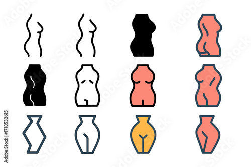 Curvy Logo Grid. Set Logo of Body Shape: Curvy feminine body. Logo set in vector style, emblematic variations. line, bold thick line, solid black filled, solid