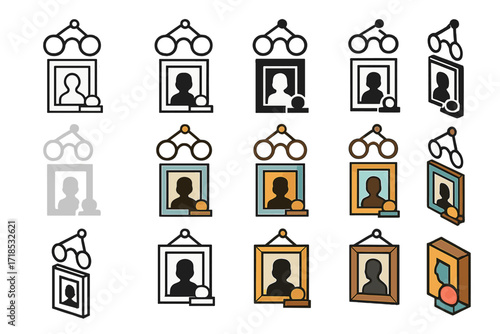 Family Heritage Logo. Set Logo of creating a family heritage wall with photos and heirlooms: vintage glasses hanging on nail. Logo set in vector style,