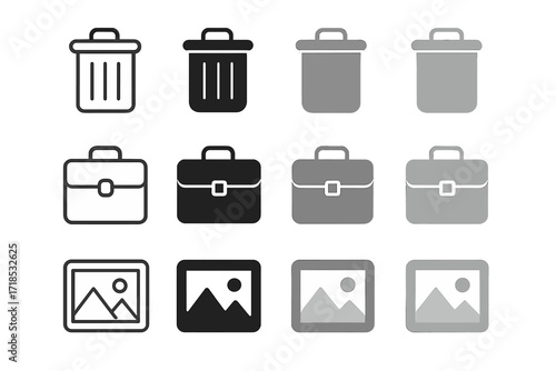 Icon Grid Variations. Three rows: each row shows one object in variations. All icons equally spaced in a ? grid ( per row). Uniform icon size. No text.