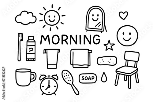 Morning Routine Doodles. Hand-drawn doodle illustration morning mirror smile mirror, sun, cloud, toothbrush, toothpaste, towel, smiling face, star, cup, alarm