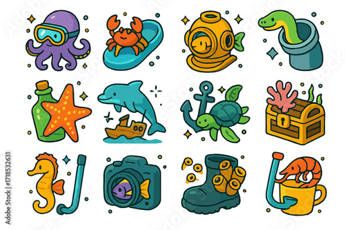 Sea Creatures Icon Set. Colorful isometric vector icons set of sea creatures exploring human objects: octopus with goggles, crab in flip-flop, fish in sunken