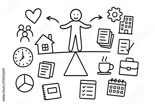 Balancing Life and Work. Hand-drawn doodle illustration Balancing personal and professional tasks [clock, house, office building, document stack, coffee cup,