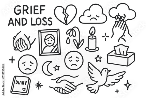 Symbols of Grief. Hand-drawn doodle illustration grief and loss heart, broken heart, teardrop, cloud, framed photo, flower, tissue box, candle, praying hands,
