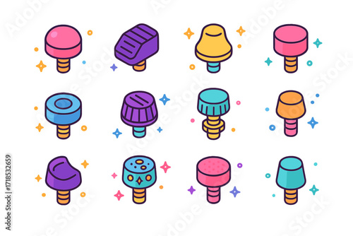 Colorful Skate Stopper Icons. Colorful isometric vector icons set of roller skate stopper types: dome stopper, angled stopper, bell stopper, flat stopper,